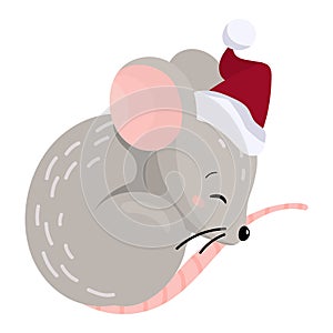 Cute cartoon mouse sleeping in a red christmas hat. New year 2020 design