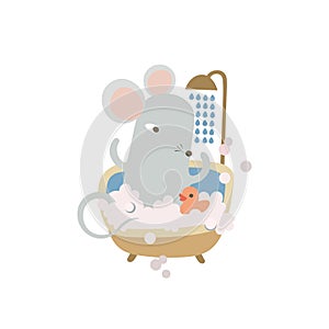 Cute cartoon mouse taking bath. Funny rat daily hygiene routine. Humanized symbol of 2020 Chinese animal zodiac