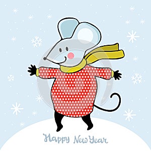 Cute cartoon mouse in vector. Funny and happy mouse plays and dances under the falling snow. Hand drawn text Happy New year.