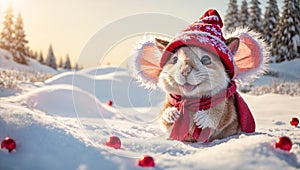 Cute cartoon mouse wearing Santa hat background snow