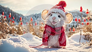 Cute cartoon mouse wearing a Santa hat on a background snow