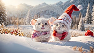 Cute cartoon mouse wearing Santa hat background snow animal