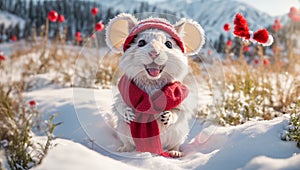 Cute cartoon mouse wearing Santa hat background snow animal christmas funny