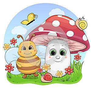 Cute cartoon mushroom with bee, snails, butterfly and flowers.