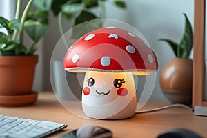 Cute cartoon mushroom lamp, bright red cap with white spots, smiling face, kawaii design, photo