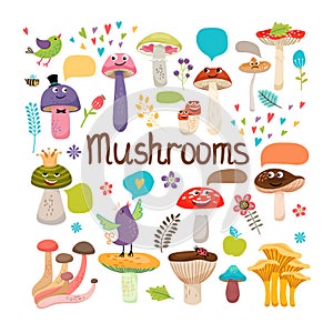 Cute cartoon mushrooms with faces