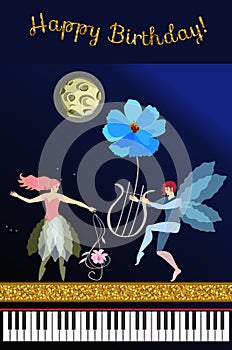 Cute cartoon musical fairy with treble clef in shape of cosmos flower, winged elf with magic lire, moon in night sky