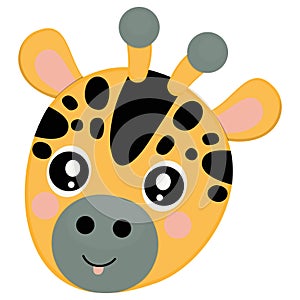 Cute cartoon muzzle of a baby giraffe with ruddy pink cheeks and protruding tongue on a white background. The single face of Afric