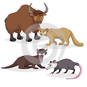 Cute cartoon North America and Europe animals set. Yak, otter, puma cougar and opossum. Vector drawings for kids.