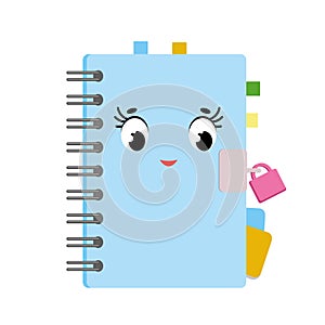 Cute cartoon notebook on a spiral in a blue cover with colored bookmarks. Cute character with a lock. Simple flat vector illustrat