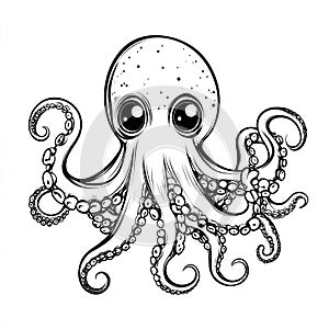 Cute Octopus Vector, Line Art, Cartoon Sea Animal