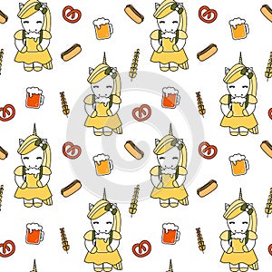 Cute cartoon oktoberfest seamless vector pattern background illustration with unicorns, beers, hot dogs, pretzels and wheats