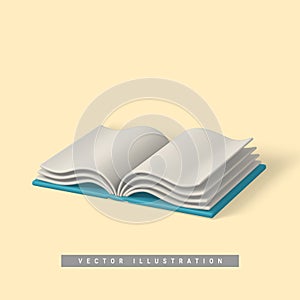 Cute cartoon open book. Realistic 3d book with shaddow on light background. Vector illustration