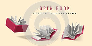 Cute cartoon open book. Realistic 3d book with shaddow on white background. Vector illustration