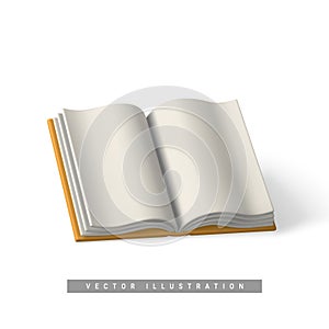 Cute cartoon open book. Realistic 3d book with shaddow on white background. Vector illustration