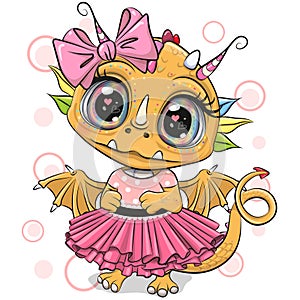 Orange Baby Dragon in pink dress isolated on a white background