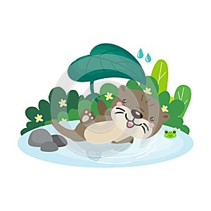 Cute  cartoon Otter floats on river