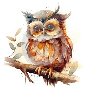 Cute cartoon owl baby watercolor. kawaii. digital art. concept art. isolated on a white background