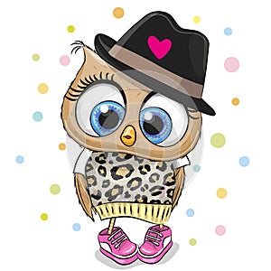 Cartoon Owl in a black hat on a dots background