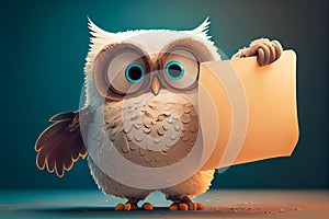 Cute Cartoon Owl Character Holding a BlankSign. Generative AI