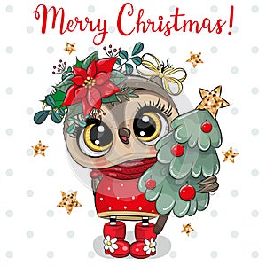 Cute Cartoon Owl with Christmas tree on a white background