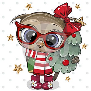 Cute Cartoon Owl with Christmas tree on a white background