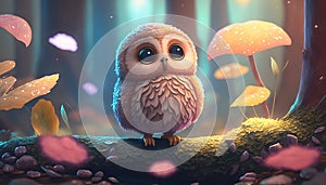 Cute cartoon owl sitting in the forest. Fairytale scene. Generative AI