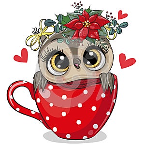 Cute Cartoon owl is sitting in a red Cup
