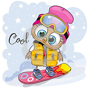 Cute cartoon Owl on a snowboard