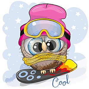 Cute cartoon Owl on a snowboard