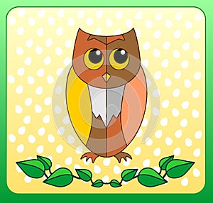 Cute cartoon owl in style on a cheerful yellow background with a