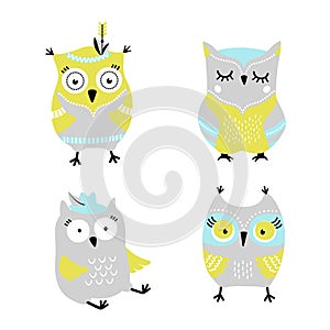 Cute cartoon owls hand drawn vector set