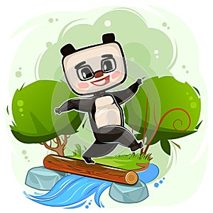 Cute cartoon panda Bear by the river. Postcard for children. Dexterous scout. funny animal overcomes an obstacle