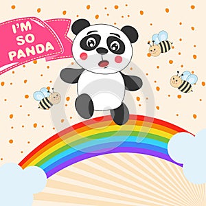 Cute cartoon panda girl running on a rainbow. Greeting card.