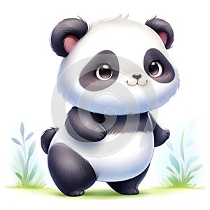 Cute cartoon panda sitting on the grass. Vector illustration.