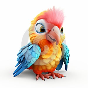 Cute Cartoon Parrot Sitting On White Background - 3d Animation Style