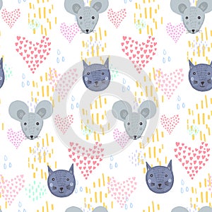 Cute cartoon pattern with cats and mice heads