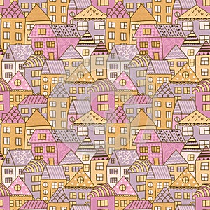 Cute cartoon pattern with tiny houses and trees. Hand drawn seamless ornament with hand drawn town