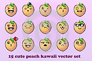 Cute Cartoon Peaches Fruit with Kawaii Faces and Chibi Style Emoticon Vector Set