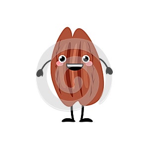 Cute cartoon pecan nut vector illustration isolated on white background.