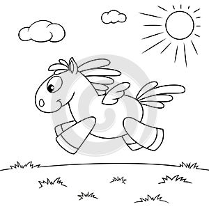 Cute cartoon pegasus. Black and white vector illustration for coloring book