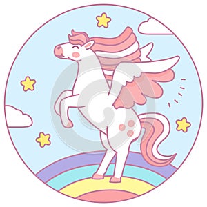 Cute cartoon pegasus vector illustration. Colorful pegasus flying on the rainbow.