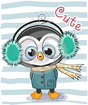 Cute Cartoon Penguin boy in a fur headphones