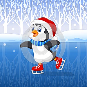 Cute cartoon penguin doing ice skating with winter background
