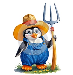 Cute cartoon penguin dressed as a farmer
