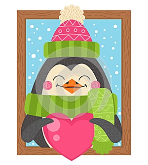 Cute cartoon penguin holding a heart