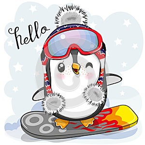 Cute cartoon Penguin on a snowboard