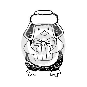 Cute cartoon penguin in winter hat holding a gift. Winter illustration for design on the theme of Christmas and New year. Hand-