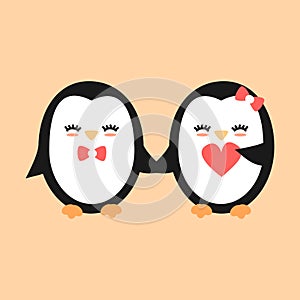 Cute cartoon penguins couple in love vector romantic illustration