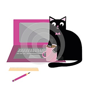 Cute cartoon pet cat and laptop vector illustration. Cheeky black feline character plays with coffee cup and disrupts